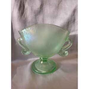 Rare Vintage Fenton Topaz Stretch Dolphin Fan Vase Opalescent Glows UV Vaseline